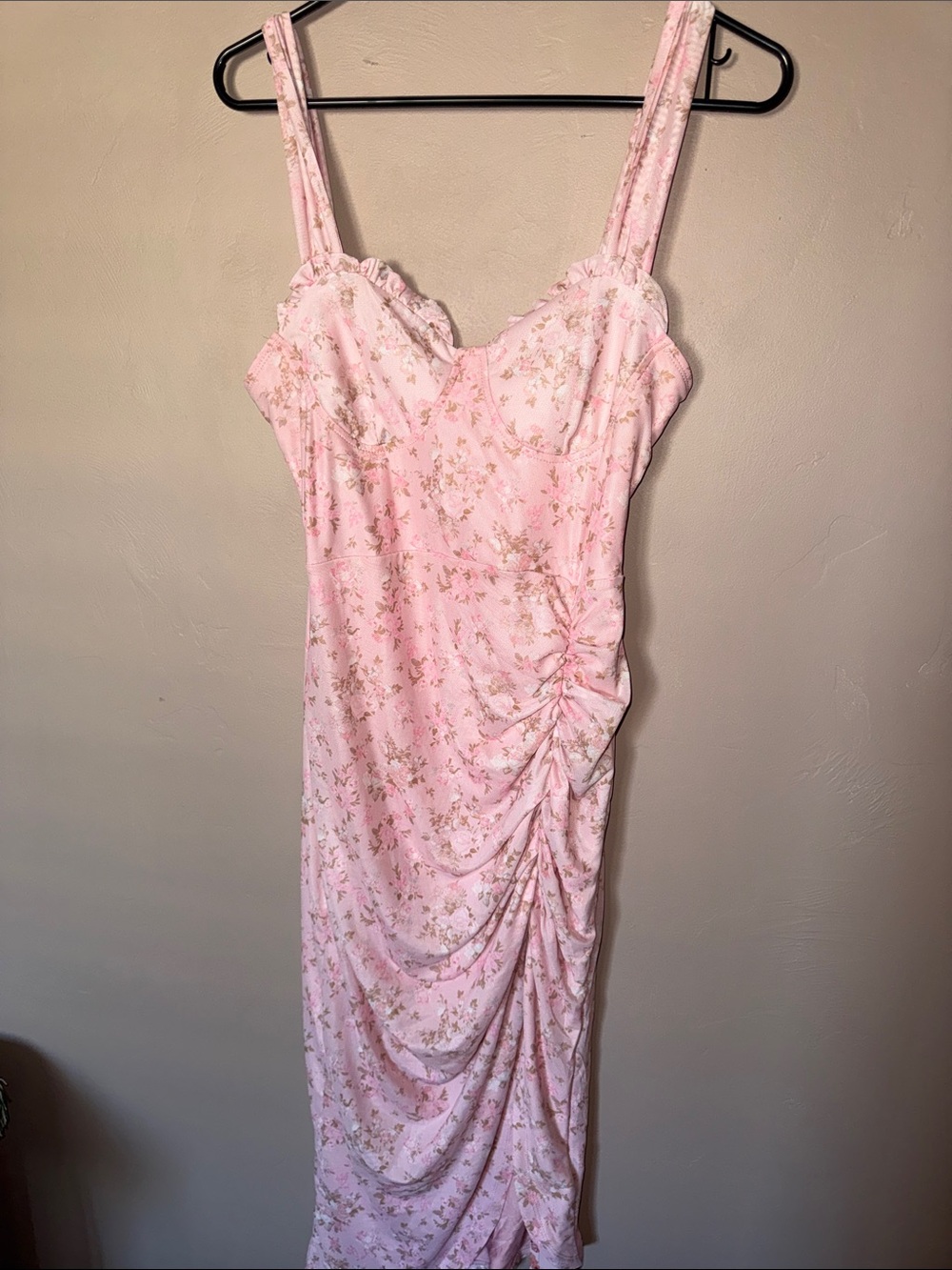Pink Floral Ruched Midi Slip Dress